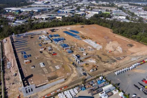 Drone shot of construction site with high-resolution aerial photography.