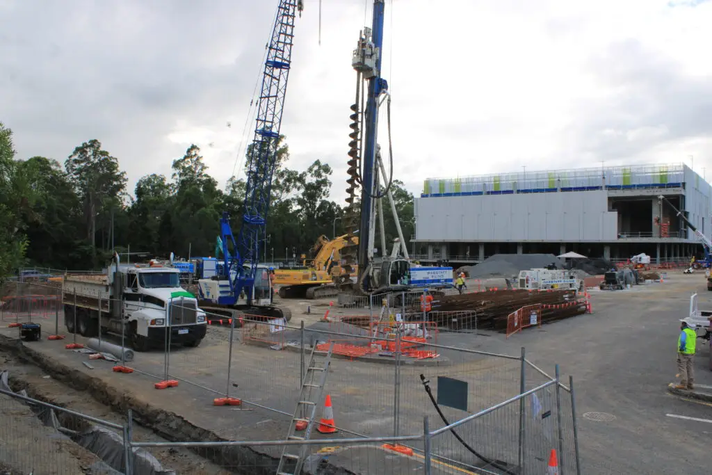Elevated view of large-scale construction site during daytime