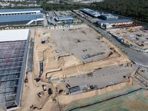 Drone view of construction site showing layout and equipment