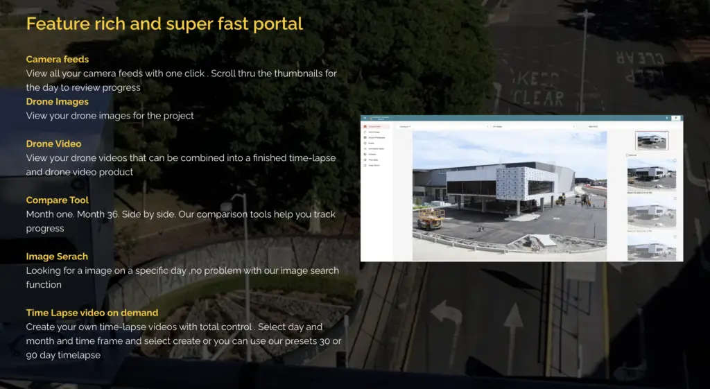 A screenshot of a presentation slide showcases a construction site under the title Feature Rich and Super Fast Portal. Highlighted features include camera views, remote time-lapse camera access, image comparison, and time-lapse videos for comprehensive construction site monitoring solutions.